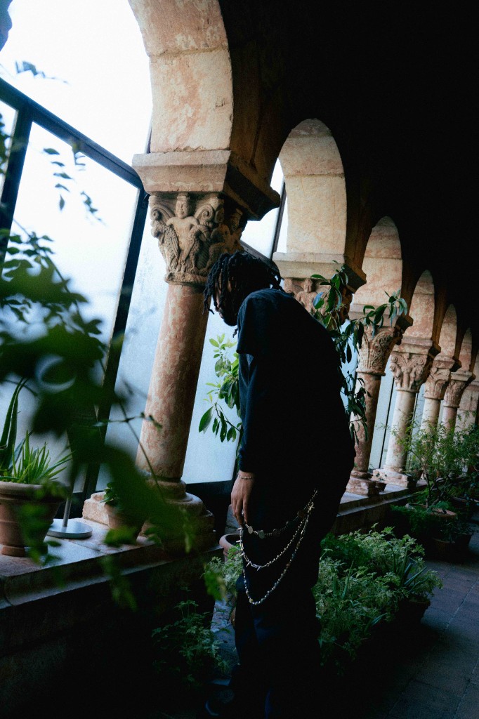 Figure in a stone archway with plants and natural light